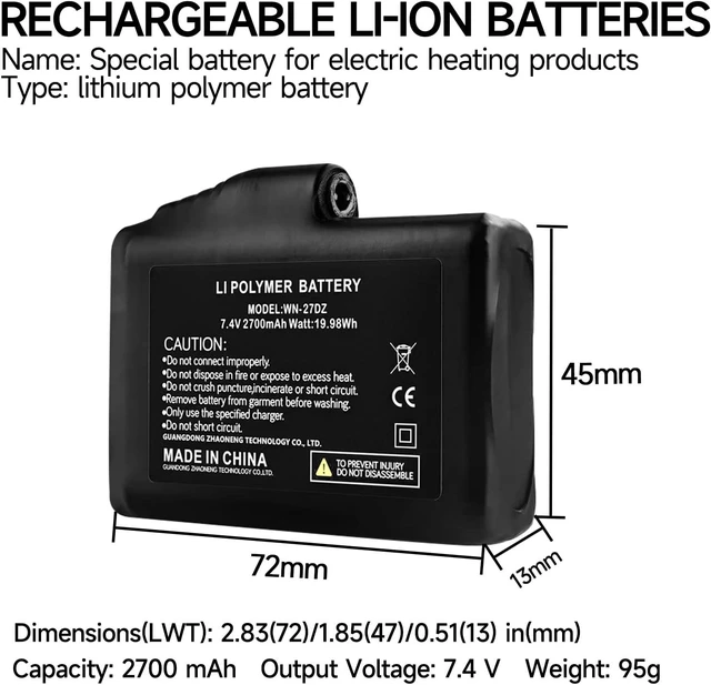 Alt view image 2 of 7 - winna 7.4V 2700mAh Rechargeable Li-ion Batteries, Accessories for Heated Gloves, Li-Polymer Battery Pack Replacement for Electric Gloves Heated Socks Heated Motorcycle Gloves(2 Pack)