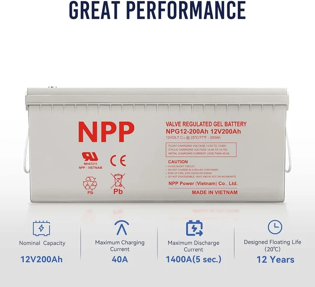 Alt view image 4 of 7 - NPP NPG12-200Ah 12V 200Ah 4D Gel Battery, 1200+ Deep Cycle Rechargeable AGM Backup Power for RV, Marine Trolling Motor, Off-Grid Solar, Cabin Home Appliances