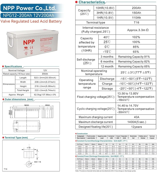 Alt view image 6 of 7 - NPP NPG12-200Ah 12V 200Ah 4D Gel Battery, 1200+ Deep Cycle Rechargeable AGM Backup Power for RV, Marine Trolling Motor, Off-Grid Solar, Cabin Home Appliances