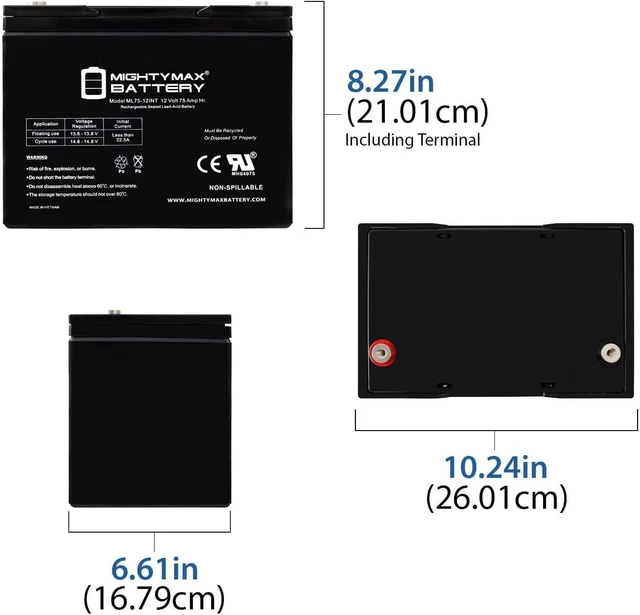 Alt view image 2 of 7 - Mighty Max Battery 12V 75AH Internal Thread Battery for Hoveround Teknique HD XHD Brand Product