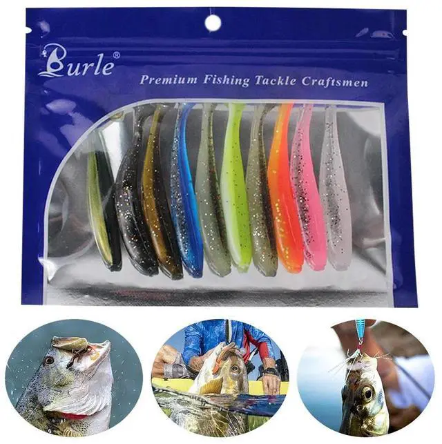 Alt view image 4 of 5 - 10Pcs 9cm Fishing Lures Plastic T Tail Worm Soft Bait Paddle Tail Swim Baits for Bass Trout Freshwater Saltwater