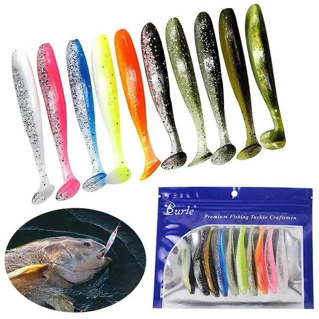 Main image of 10Pcs 9cm Fishing Lures Plastic T Tail Worm Soft Bait Paddle Tail Swim Baits for Freshwater and Saltwater