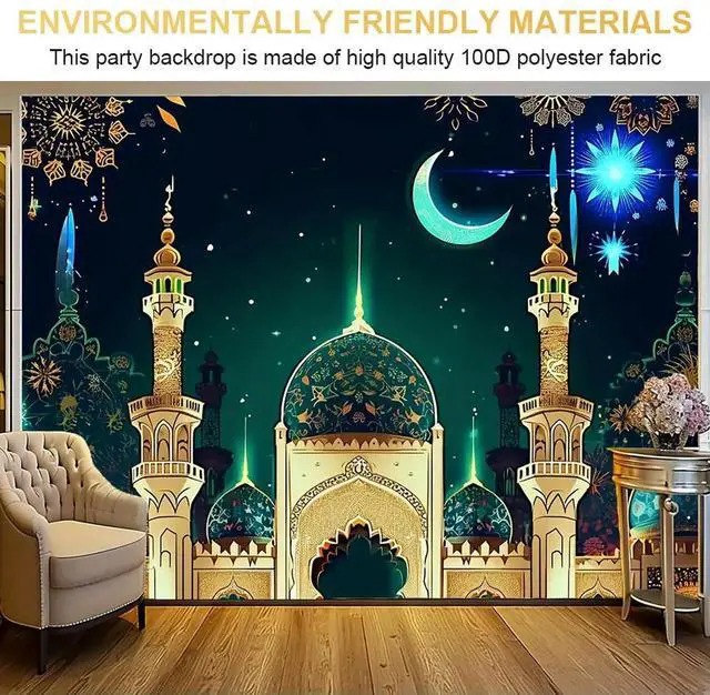 Alt view image 4 of 7 - Ramadan Mubarak Hanging Sign Eid Mubarak Photo Background Banner 70x90 Inch Event Decor for Eid Al-Fitr Festivities
