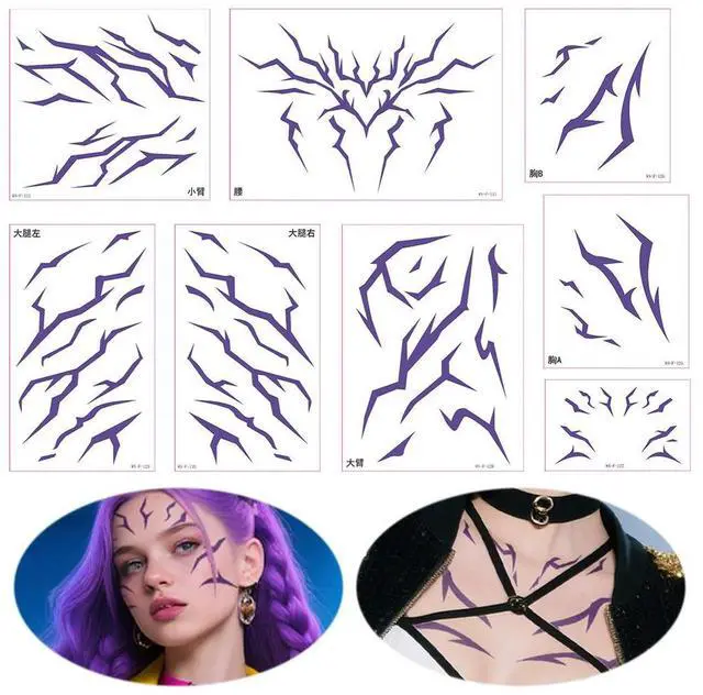 Alt view image 2 of 7 - 8 Sheets Anime Cosplay Tattoos Stickers Prop Fake Body Arm Chest Tattoos Halloween Cosplay Accessories