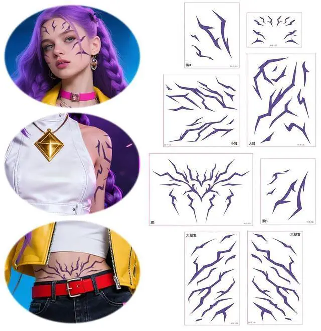 Alt view image 3 of 7 - 8 Sheets Anime Cosplay Tattoos Stickers Prop Fake Body Arm Chest Tattoos Halloween Cosplay Accessories
