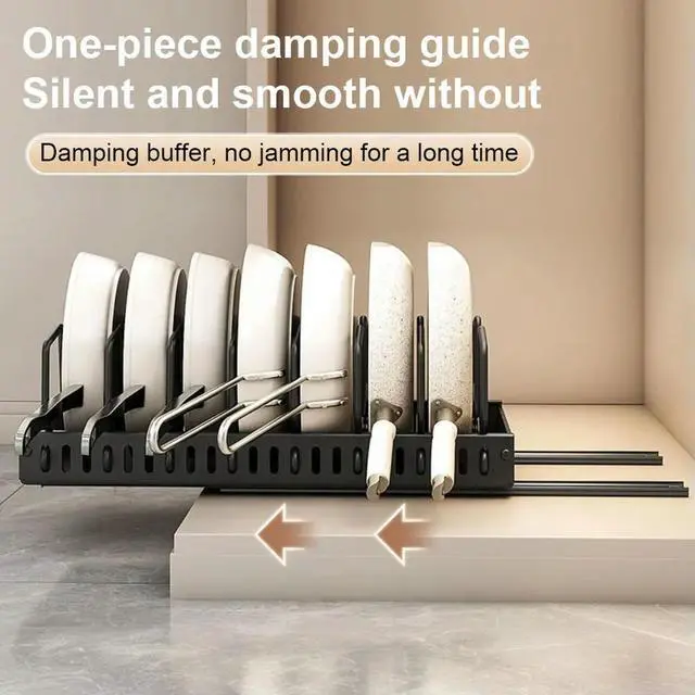 Alt view image 3 of 8 - Pull Out Pot Lid Holder with 8 Adjustable Dividers Sliding Dish Drying Shelf Slide Out Pot Pan Organizer for Under Cabinet