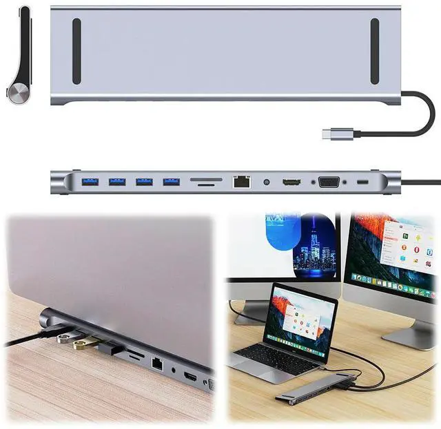 Alt view image 5 of 8 - 12/11/10/8/6 in 1 USB C Docking Station with HDMI-Compatible VGA Ethernet USB C Hub Triple Display 100W Audio Multiport Adapter