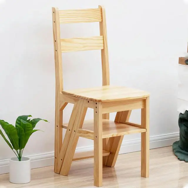 Alt view image 7 of 7 - 4 Tier Solid Wood Folding Chair Multi-Function Convertible Wood Ladder Folding Step Stool for Indoor Living Room Bedroom