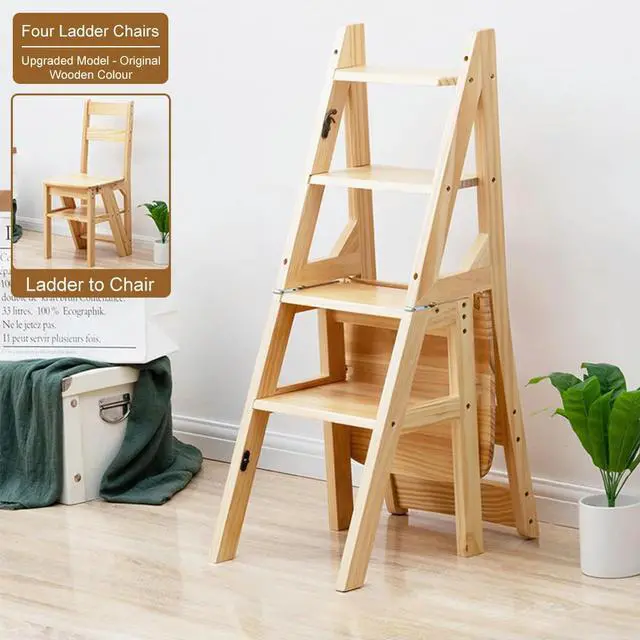 Alt view image 7 of 7 - 4 Tier Convertible Wood Ladder Multi-Function Folding Step Stool Anti-Slip Climbing Ladder Chair for Indoor Living Room Bedroom