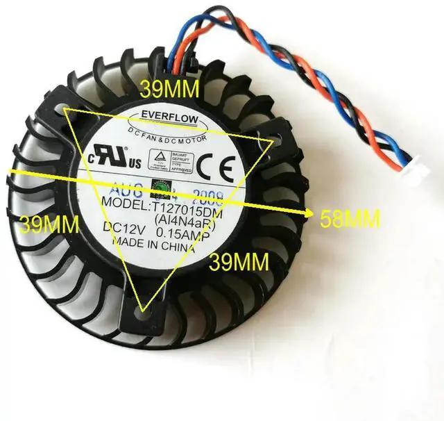 Main image of T127015DM 12V 0.15A 3Pin 58mm 39x39x39mm Fan For 9600GT Graphics Card Cooler Cooling Fan HZDO
