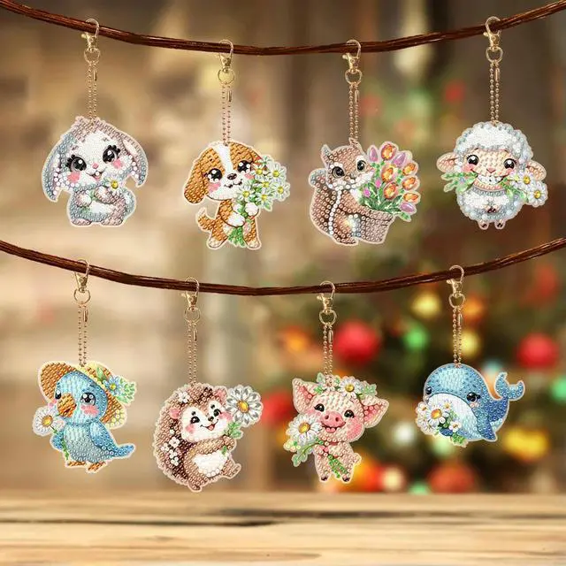 Alt view image 3 of 7 - 8Pcs Double Sided Cute Animal Diamond Painting Keychain Diamond Painting Art Keychain Pendant for Home Birthday Party Decor