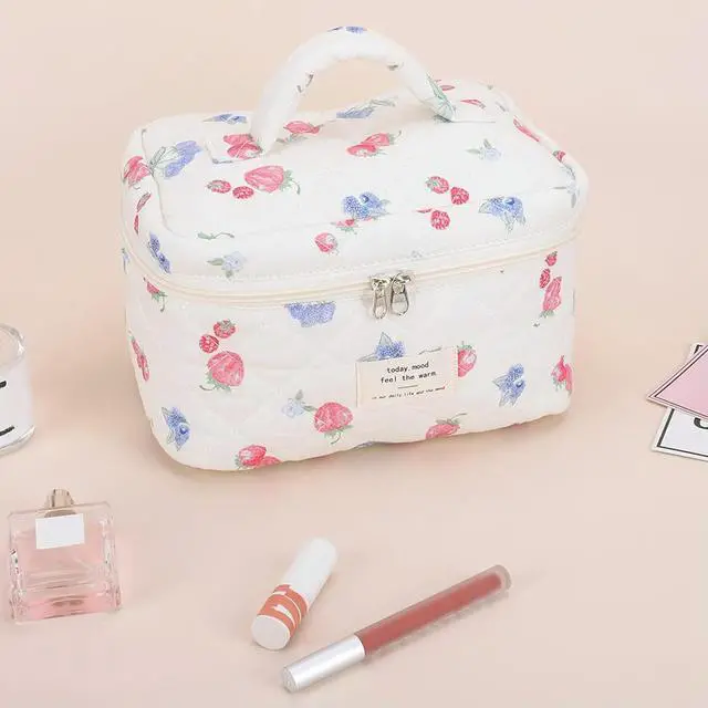 Alt view image 4 of 4 - 3Pcs Cute Quilted Cosmetic Bag Strawberry Print Quilting Bag Aesthetic Toiletry Purse Bathroom Shower Travel Bag