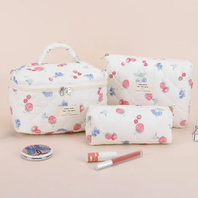 Alt view image 3 of 4 - 3Pcs Cute Quilted Cosmetic Bag Strawberry Print Quilting Bag Aesthetic Toiletry Purse Bathroom Shower Travel Bag