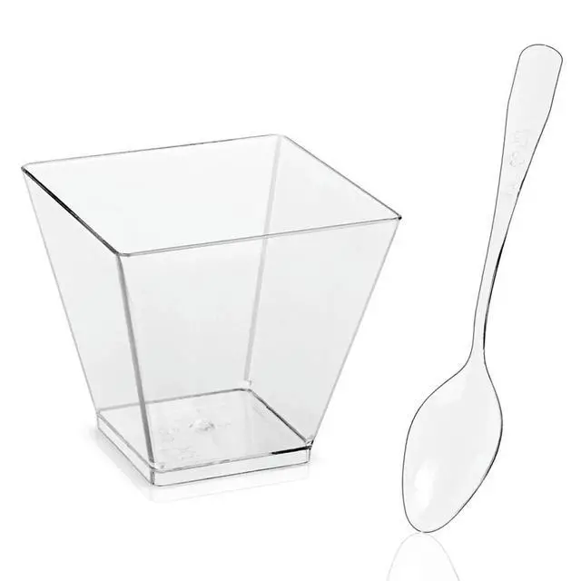 Alt view image 2 of 4 - 60ml Dessert Bowl with Spoon Set Square Mini Dessert Cups Disposable Supplies Reusable Accessories for Jelly Mousse Ice Cream