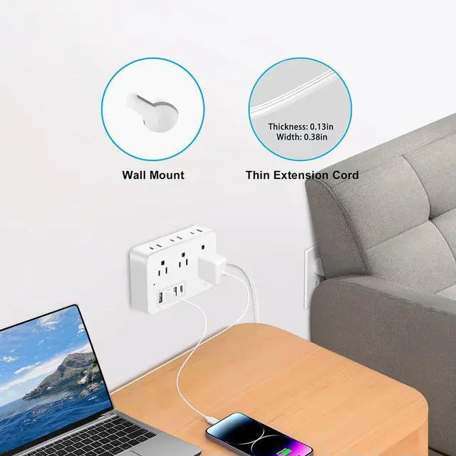 Alt view image 2 of 4 - 5Ft Surge Protector Power Strip 6 AC Outlets Desk Charging Station 4 USB Ports(1 USB C) Power Adapter for Desktop Charging