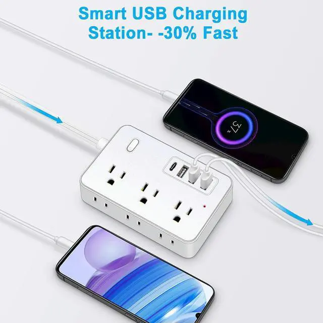 Alt view image 3 of 4 - 5Ft Surge Protector Power Strip 6 AC Outlets Desk Charging Station 4 USB Ports(1 USB C) Power Adapter for Desktop Charging