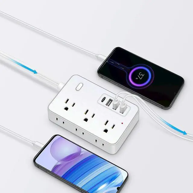 Alt view image 4 of 4 - 5Ft Surge Protector Power Strip 6 AC Outlets Desk Charging Station 4 USB Ports(1 USB C) Power Adapter for Desktop Charging