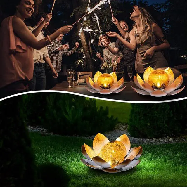 Alt view image 4 of 4 - LED Solar Lamp Cracked Glass Ball Lotus Lights Statue Outdoor Figurine Lighting for Patio Garden Decoration