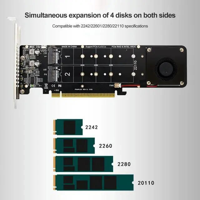 Alt view image 4 of 4 - PCIeX16 To M.2 NVMe SSD Adapter Card M Key 4 NVME Expansion Card M2 NVME Extended Card Support SSD 2280/2260/2242/2230