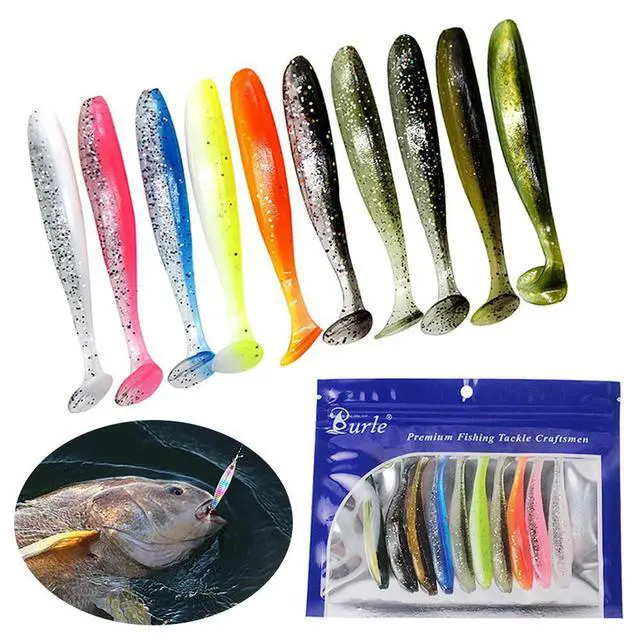 Alt view image 5 of 7 - 10Pcs 9cm Fishing Lures Plastic T Tail Worm Soft Bait Paddle Tail Swim Baits for Freshwater and Saltwater