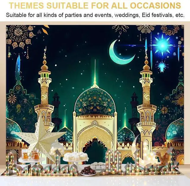 Alt view image 7 of 7 - Ramadan Mubarak Hanging Sign Eid Mubarak Photo Background Banner 70x90 Inch Event Decor for Eid Al-Fitr Festivities