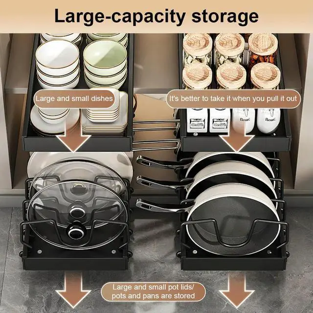 Alt view image 8 of 8 - Pull Out Pot Lid Holder with 8 Adjustable Dividers Sliding Dish Drying Shelf Slide Out Pot Pan Organizer for Under Cabinet