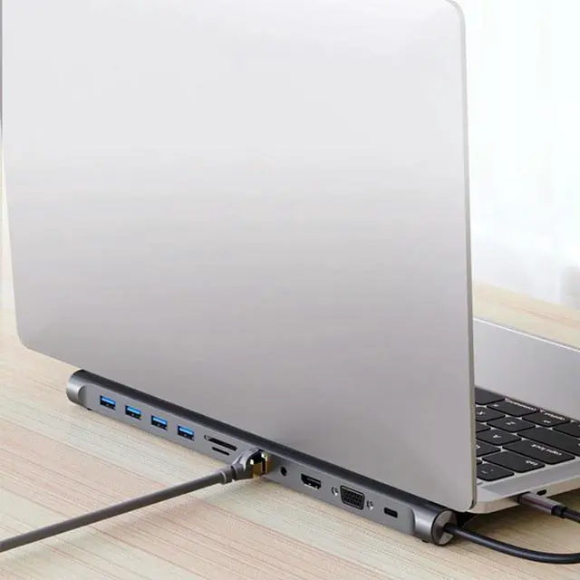 Alt view image 2 of 8 - 12/11/10/8/6 in 1 USB C Docking Station with HDMI-Compatible VGA Ethernet USB C Hub Triple Display 100W Audio Multiport Adapter