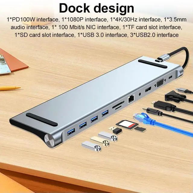 Alt view image 4 of 8 - 12/11/10/8/6 in 1 USB C Docking Station with HDMI-Compatible VGA Ethernet USB C Hub Triple Display 100W Audio Multiport Adapter