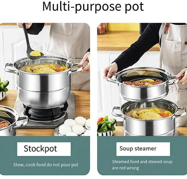 Alt view image 4 of 8 - 11inch 3 Tier Stainless Steel with Lid&Handle Steaming Pot Cookware Pot Thick Food Steamer for Vegetables Seafood