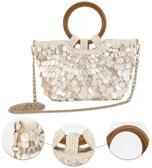 Alt view image 2 of 8 - Handmade Heavy Industry Natural Shell Beaded Clutch Purse Wooden Handle Beach Bag Women's Wedding Party Bag 2025