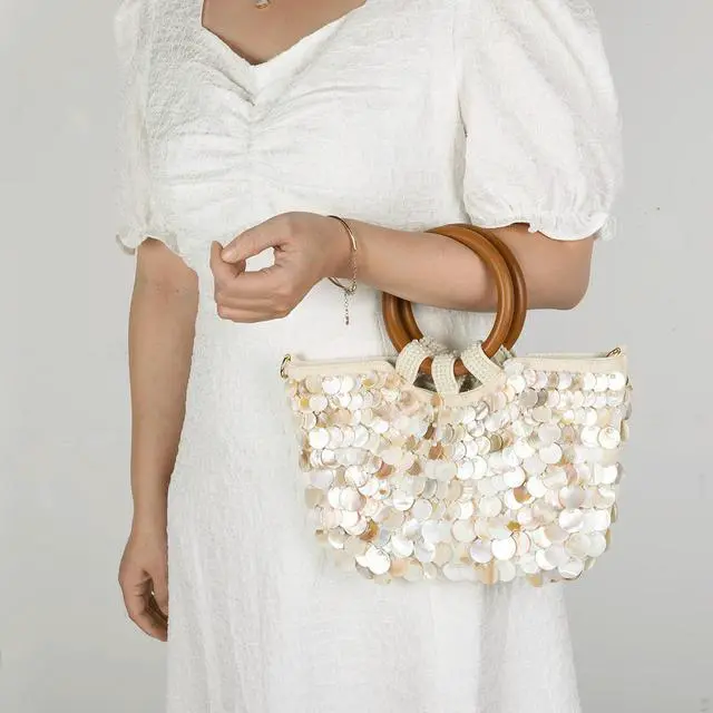 Alt view image 3 of 8 - Handmade Heavy Industry Natural Shell Beaded Clutch Purse Wooden Handle Beach Bag Women's Wedding Party Bag 2025