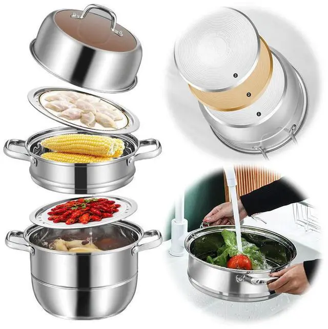 Main image of 11inch 3 Tier Stainless Steel with Lid&Handle Steaming Pot Cookware Pot Thick Food Steamer for Vegetables Seafood