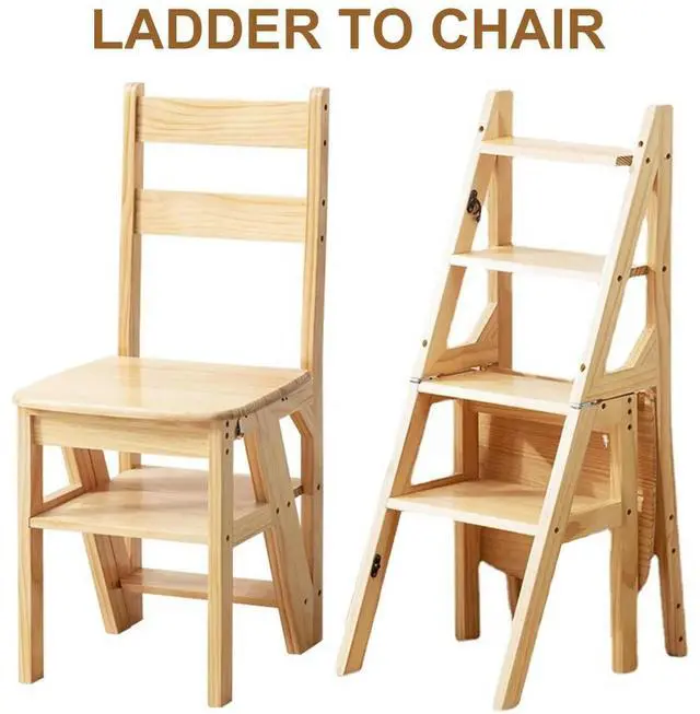 Alt view image 2 of 7 - 4 Tier Solid Wood Folding Chair Multi-Function Convertible Wood Ladder Folding Step Stool for Indoor Living Room Bedroom