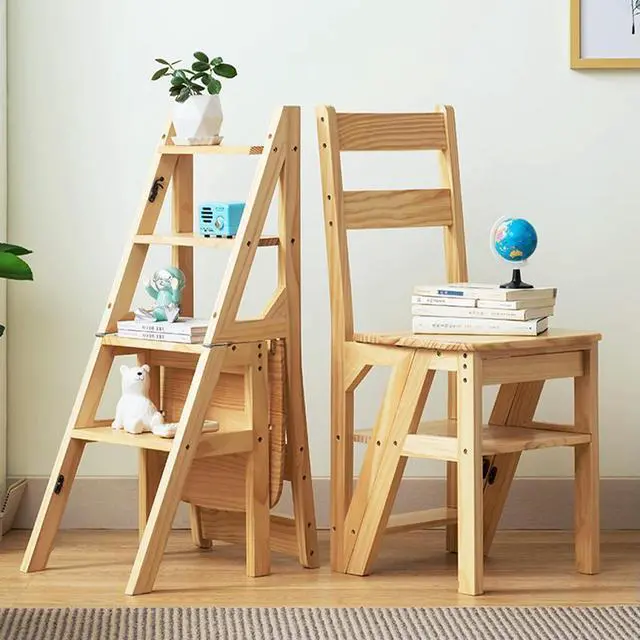 Alt view image 4 of 7 - 4 Tier Solid Wood Folding Chair Multi-Function Convertible Wood Ladder Folding Step Stool for Indoor Living Room Bedroom