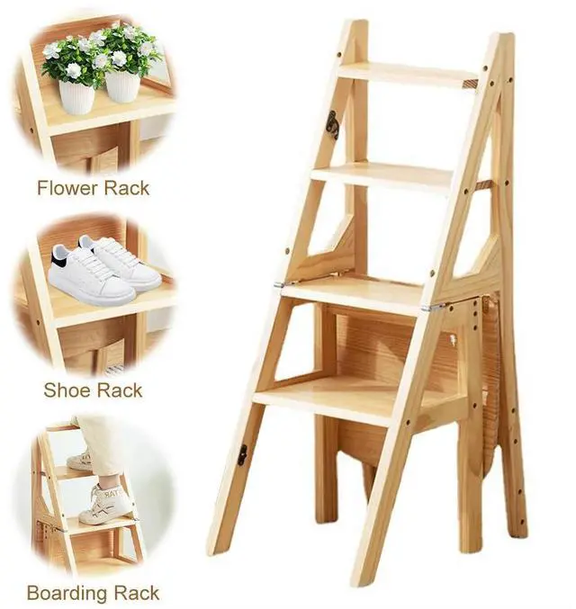 Alt view image 2 of 7 - 4 Tier Convertible Wood Ladder Multi-Function Folding Step Stool Anti-Slip Climbing Ladder Chair for Indoor Living Room Bedroom