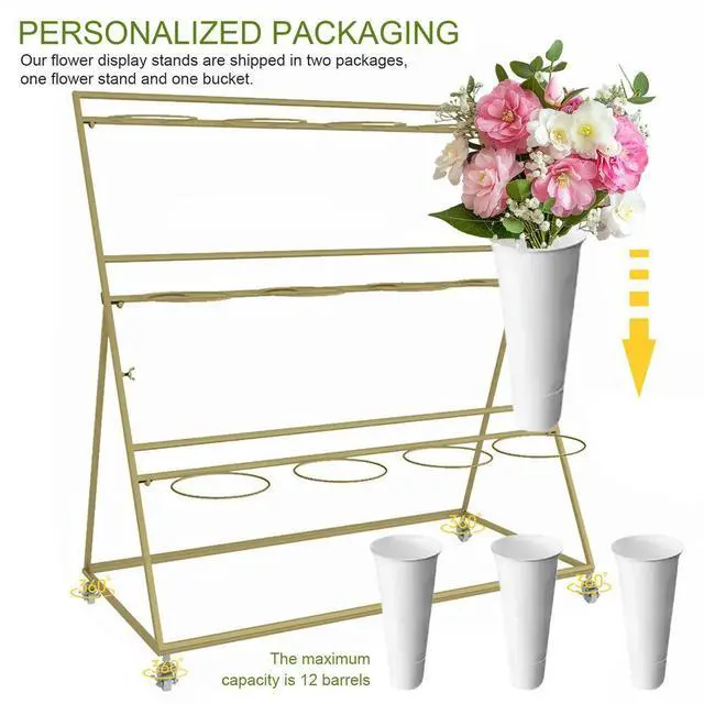 Main image of Flower Display Stand 3 Layers l Moving Plant Cart Shelf Florist Shelf Golden Frame l Shelf for Outdoor Balcony Courtyard