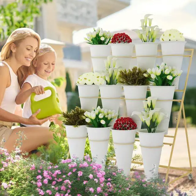 Alt view image 2 of 7 - Flower Display Stand 3 Layers l Moving Plant Cart Shelf Florist Shelf Golden Frame l Shelf for Outdoor Balcony Courtyard