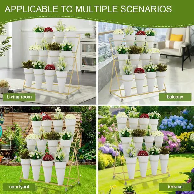 Alt view image 3 of 7 - Flower Display Stand 3 Layers l Moving Plant Cart Shelf Florist Shelf Golden Frame l Shelf for Outdoor Balcony Courtyard