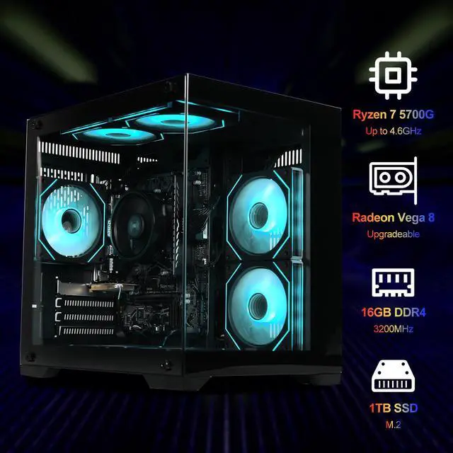 Alt view image 3 of 7 - ICEWOLF Gaming Desktop PC Ryzen 7 5700G 16GB DDR4 1TB SSD ARGB Fans Windows 11 Computer for Gamers Black