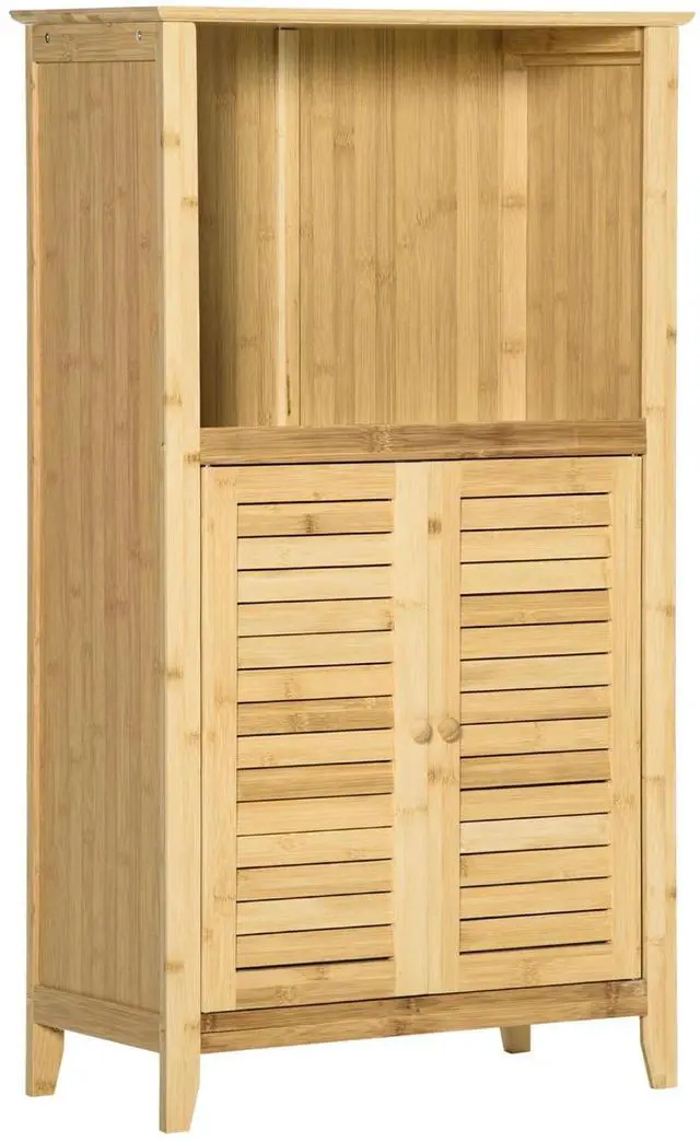 Main image of Bamboo Floor Cabinet - Bathroom Storage Organizer Tower - Living Room Cabinet with Shelves & Doors - Natural Finish