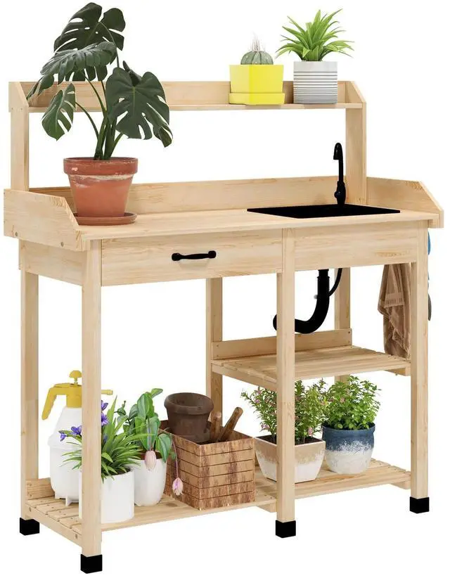 Main image of Potting Bench Table Outdoor, Garden Work Station with Sink, Wooden Planting Table with Drawer, Shelves & Hooks