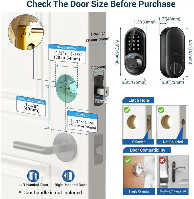 Alt view image 7 of 7 - Bobobigo Smart Lock, Fingerprint Door Lock, 7-in-1 Keyless Entry with App Control, Electronic Touchscreen Keypad Deadbolt, Biometric Smart Locks for Front Door, Matte Black