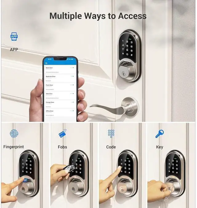 Alt view image 2 of 7 - Bobobigo Smart Lock, Fingerprint Door Lock, 7-in-1 Keyless Entry with App Control, Electronic Touchscreen Keypad Deadbolt, Biometric Smart Locks for Front Door, Satin Nickel