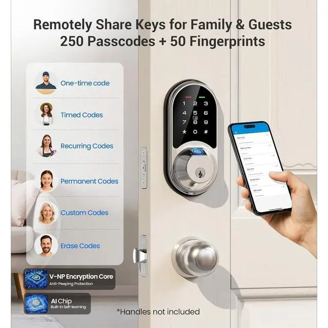 Alt view image 6 of 7 - Bobobigo Smart Lock, Fingerprint Door Lock, 7-in-1 Keyless Entry with App Control, Electronic Touchscreen Keypad Deadbolt, Biometric Smart Locks for Front Door, Satin Nickel