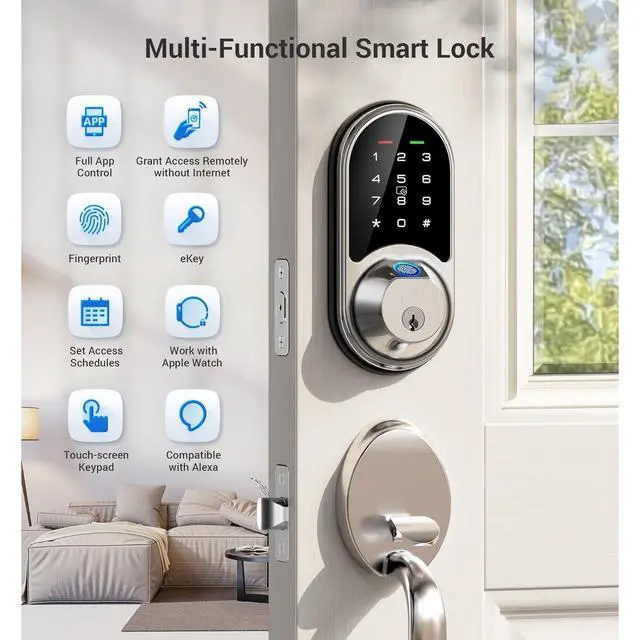 Alt view image 4 of 7 - Bobobigo Smart Lock, Fingerprint Door Lock, 7-in-1 Keyless Entry with App Control, Electronic Touchscreen Keypad Deadbolt, Biometric Smart Locks for Front Door, Satin Nickel