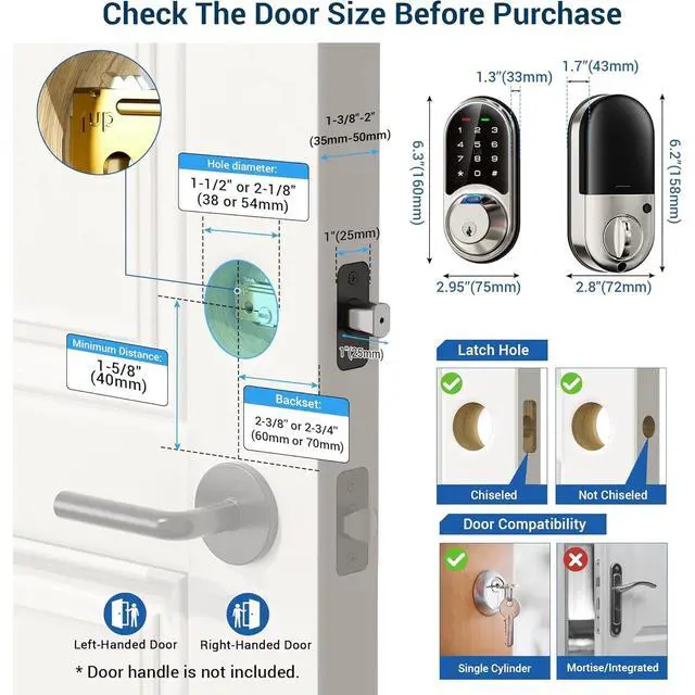 Alt view image 7 of 7 - Bobobigo Smart Lock, Fingerprint Door Lock, 7-in-1 Keyless Entry with App Control, Electronic Touchscreen Keypad Deadbolt, Biometric Smart Locks for Front Door, Satin Nickel