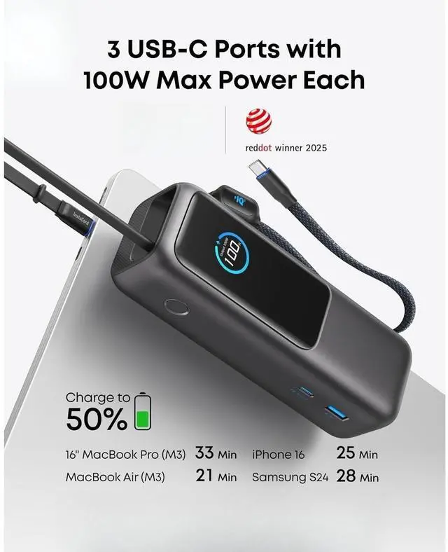 Alt view image 2 of 6 - Bobobigo Laptop Power Bank, 25,000mAh Portable Charger with Triple 100W USB-C Ports, Built-in and Retractable Cables, for iPhone 16/15 Series, MacBook, Samsung, and More (Flight-Approved)