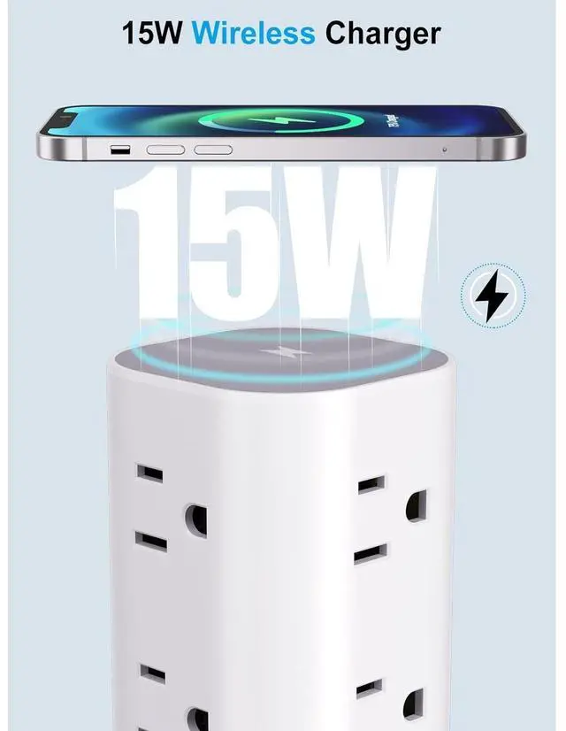Alt view image 4 of 7 - Bobobigo Power Strip Tower with Wireless Charger, Flat Plug Surge Protector Tower with 6FT Extension Cord, 12 AC Multiple Outlets, 4 USB (2 USB C),15W Wireless Charging Power Tower for Home Office