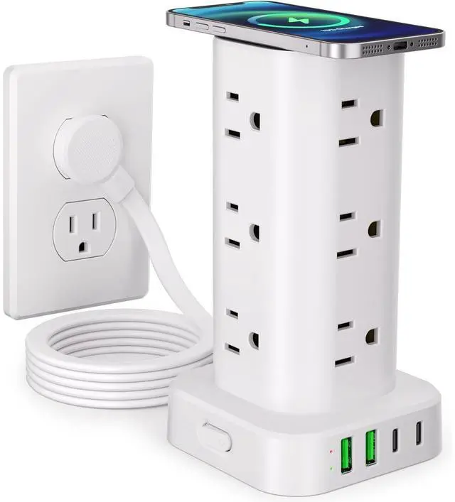 Main image of Bobobigo Power Strip Tower with Wireless Charger, Flat Plug Surge Protector Tower with 6FT Extension Cord, 12 AC Multiple Outlets, 4 USB (2 USB C),15W Wireless Charging Power Tower for Home Office