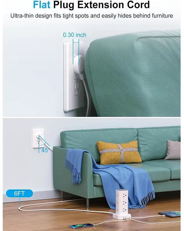 Alt view image 3 of 7 - Bobobigo Power Strip Tower with Wireless Charger, Flat Plug Surge Protector Tower with 6FT Extension Cord, 12 AC Multiple Outlets, 4 USB (2 USB C),15W Wireless Charging Power Tower for Home Office